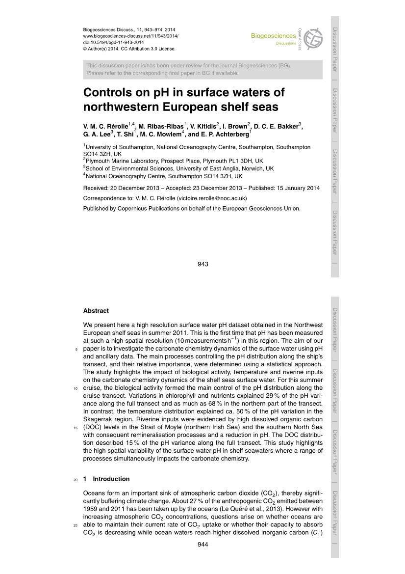 Controls on Ph in Surface Waters of Northwestern European Shelf Seas