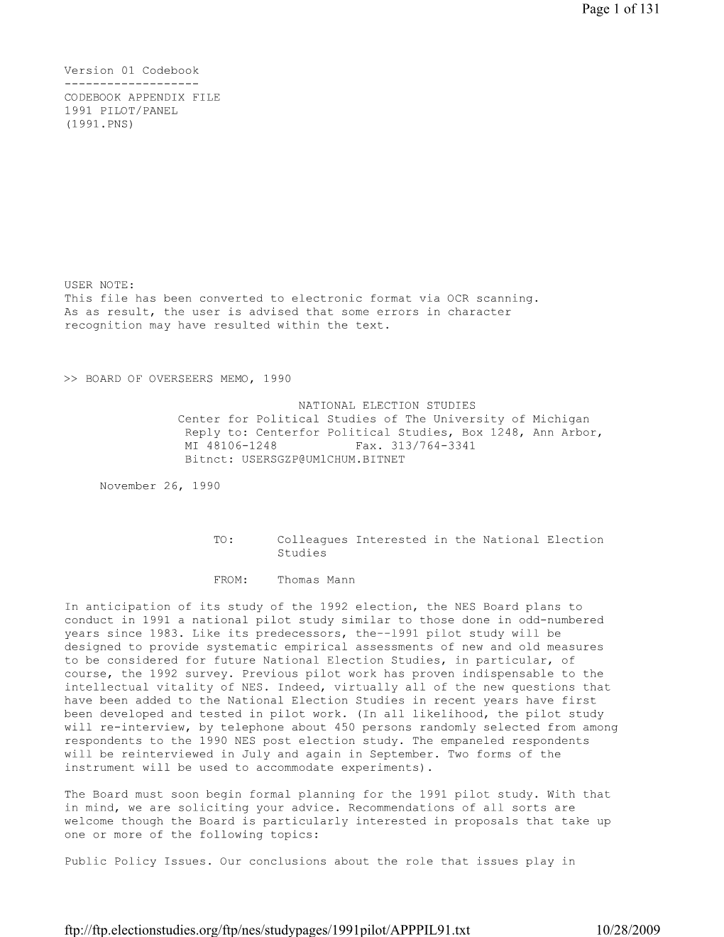 Appendix File 1991 Pilot/Panel (1991.Pns)