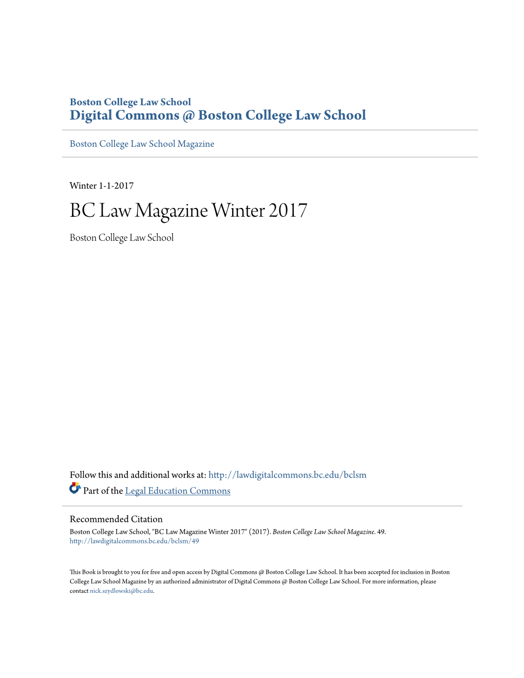 BC Law Magazine Winter 2017 Boston College Law School