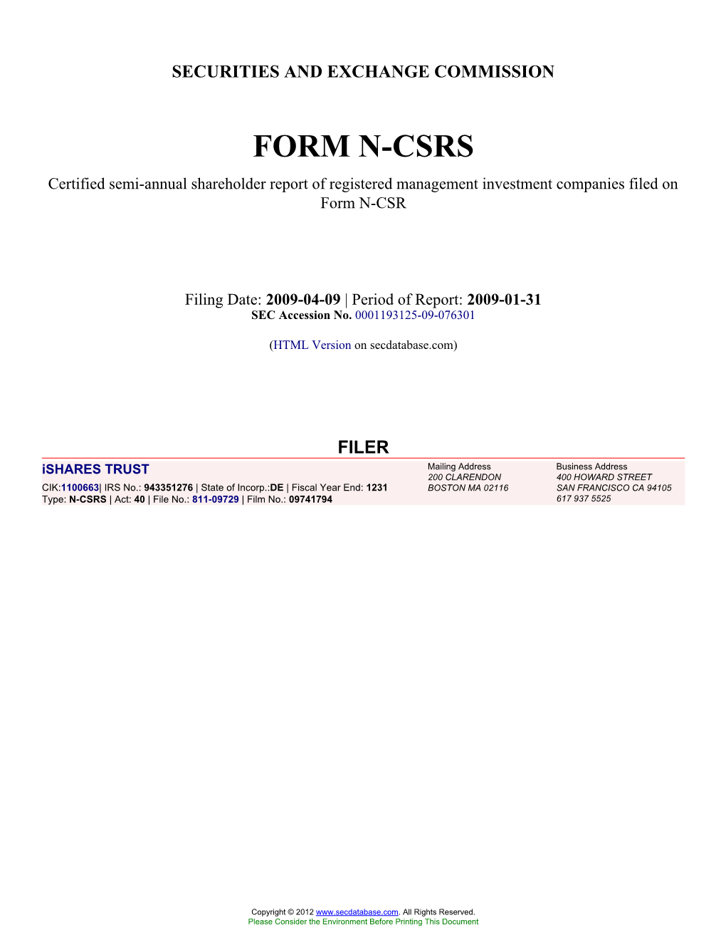 Ishares TRUST (Form: N-CSRS, Filing Date: 04/09/2009)