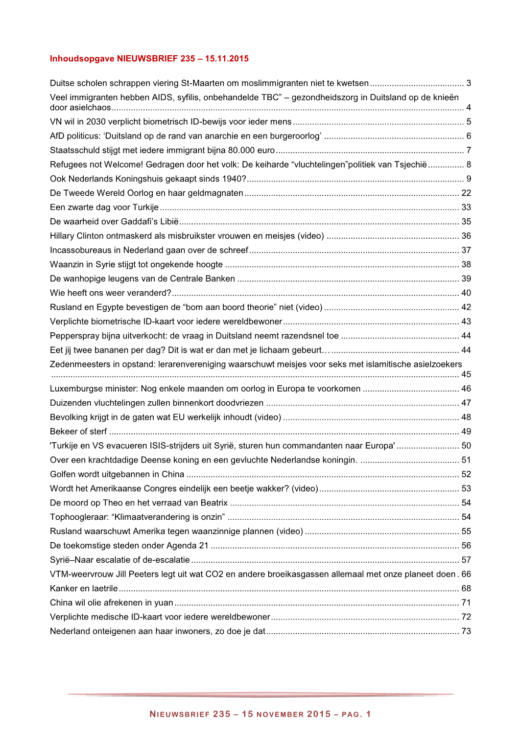 Inhoudsopgave NIEUWSBRIEF 235 – 15.11.2015