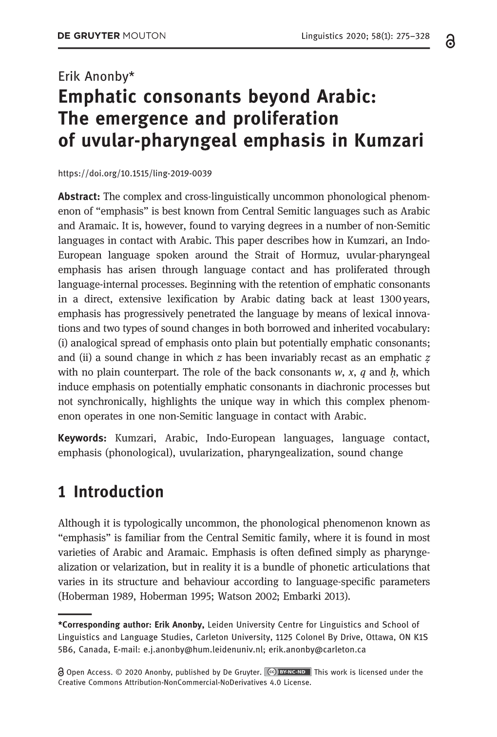 Emphatic Consonants Beyond Arabic: the Emergence and Proliferation of Uvular-Pharyngeal Emphasis in Kumzari