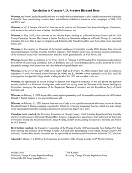 Resolution to Censure U.S. Senator Richard Burr
