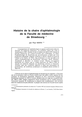 Histoire De La Chaire D'ophtalmologie De La Faculté De Médecine De Strasbourg *