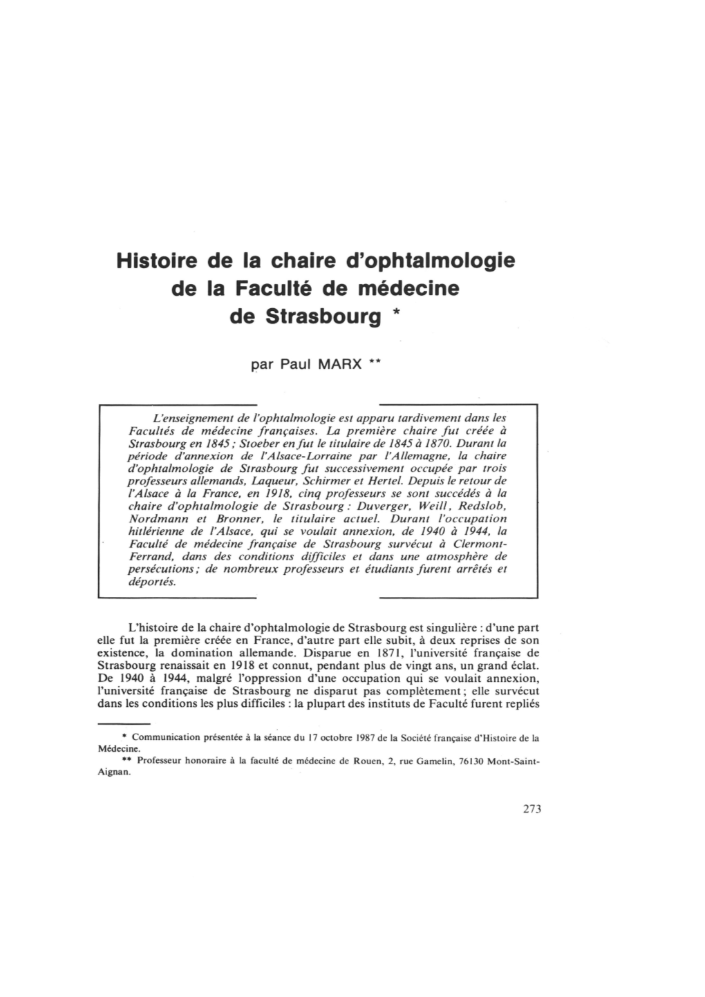 Histoire De La Chaire D'ophtalmologie De La Faculté De Médecine De Strasbourg *