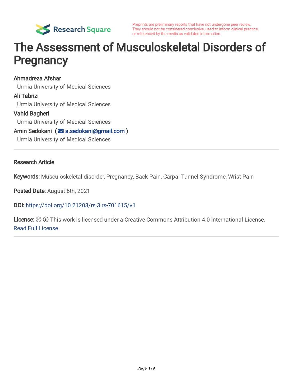The Assessment of Musculoskeletal Disorders of Pregnancy
