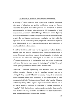 The Discourse on 'Marathas' As an 'Imagined Peasant Group'' by the Early 20* Century, the Effects of the Satyashodhak 'Awakening