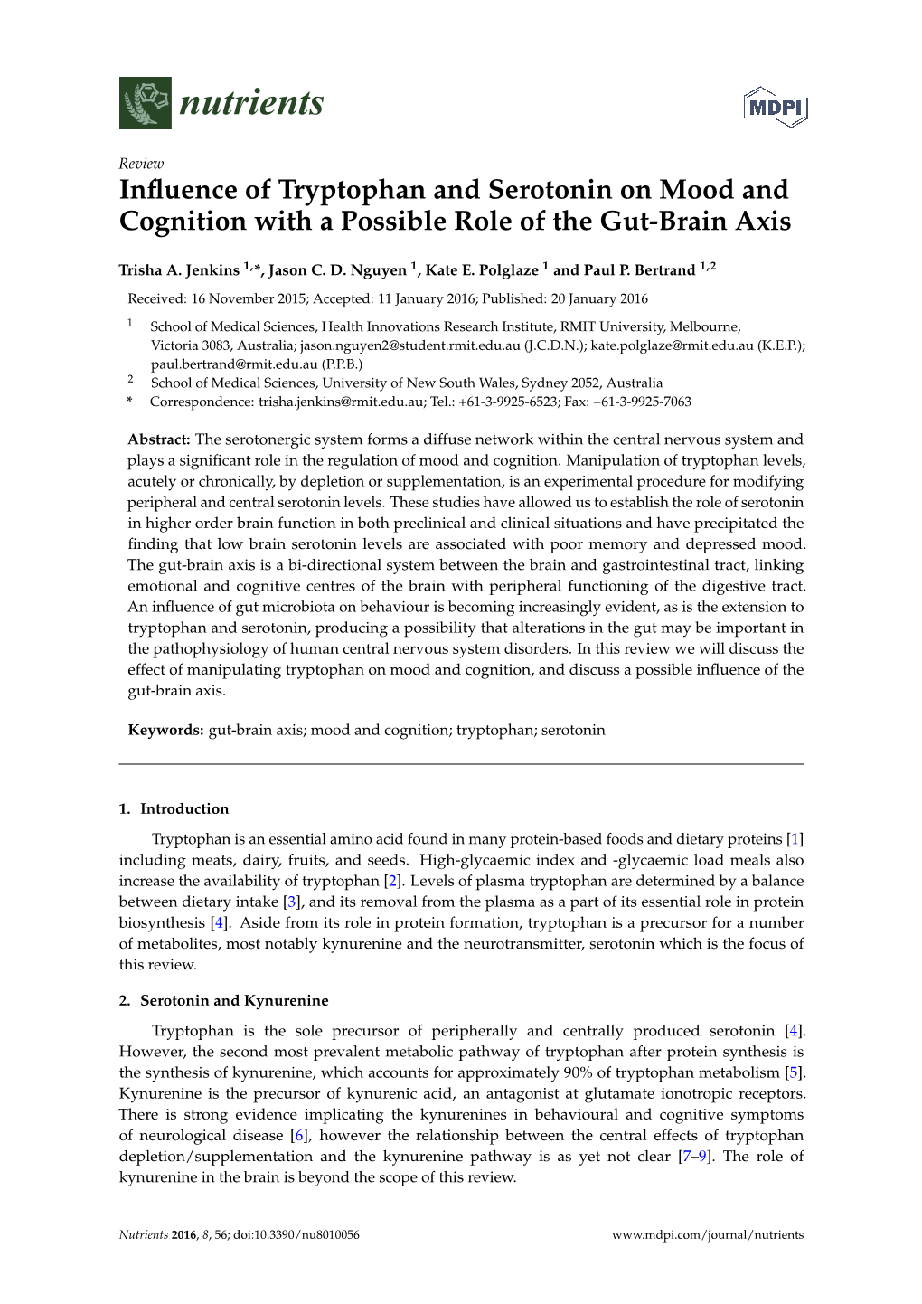 Influence of Tryptophan and Serotonin on Mood and Cognition