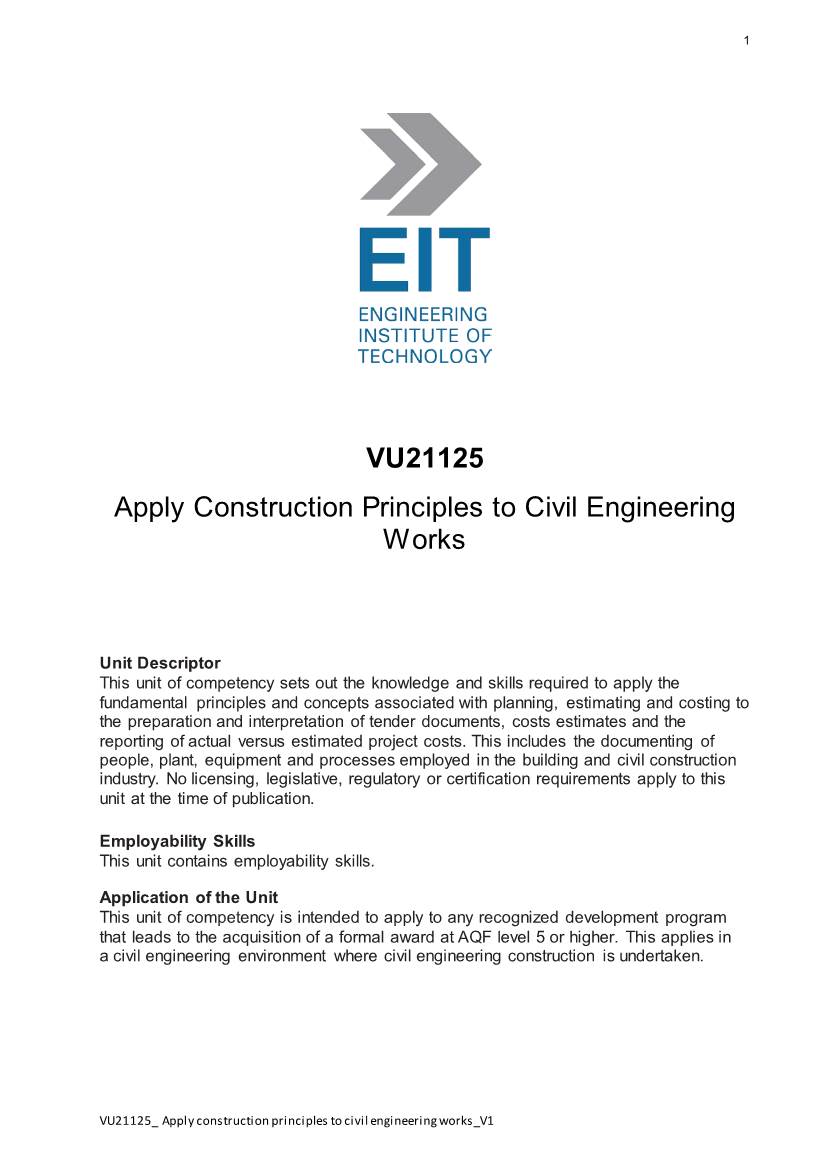 VU21125 Apply Construction Principles to Civil Engineering Works