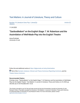 T. W. Robertson and the Assimilation of Well-Made Play Into the English Theatre
