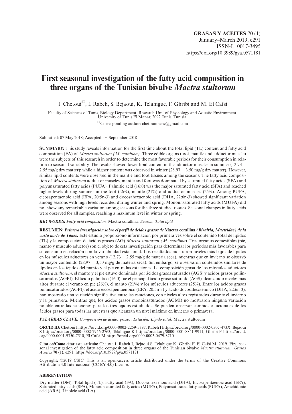 First Seasonal Investigation of the Fatty Acid Composition in Three Organs of the Tunisian Bivalve Mactra Stultorum