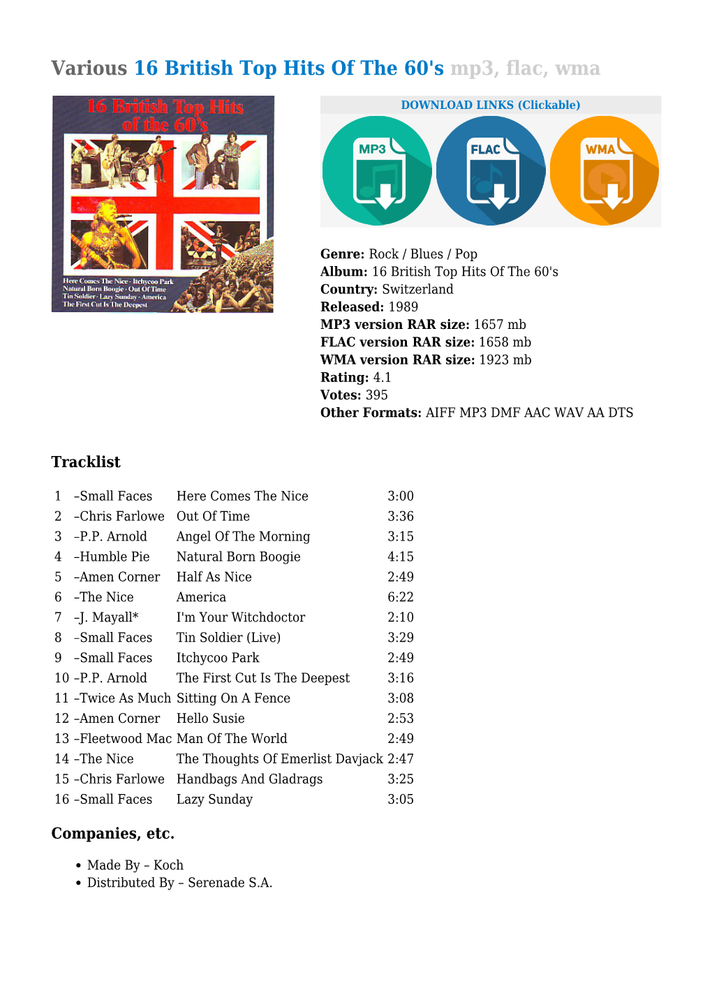 Various 16 British Top Hits of the 60'S Mp3, Flac, Wma