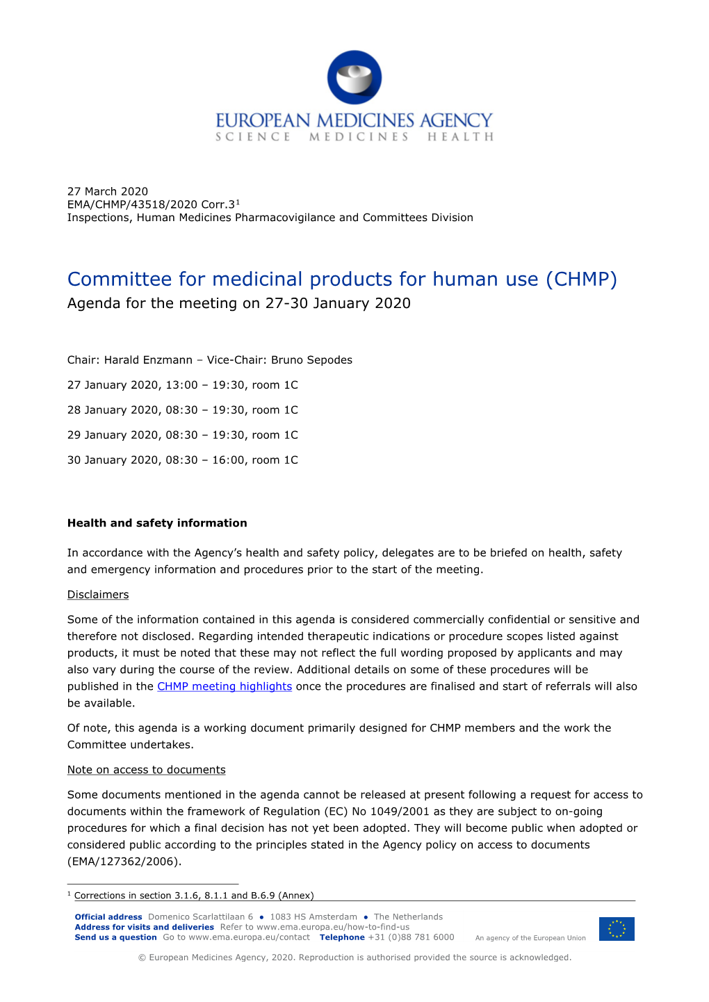 (CHMP) Agenda for the Meeting on 27-30 January 2020