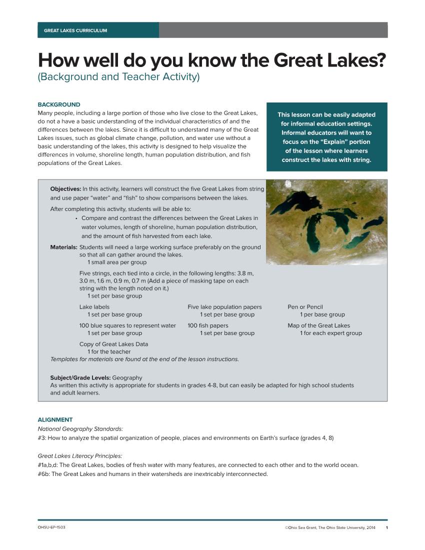 HOW WELL DO YOU KNOW the GREAT LAKES? How Well Do You Know the Great Lakes? (Background and Teacher Activity)
