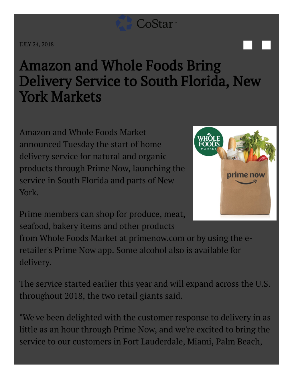 Amazon and Whole Foods Bring Delivery Service to South Florida, New York Markets Retail Giants to Add More Markets Across US in 2018