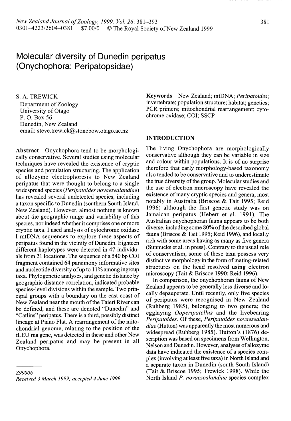 Molecular Diversity of Dunedin Peripatus (Onychophora: Peripatopsidae)