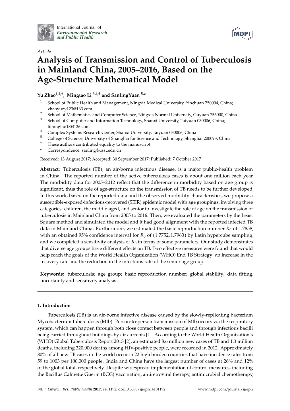 Analysis of Transmission and Control of Tuberculosis in Mainland China, 2005–2016, Based on the Age-Structure Mathematical Model