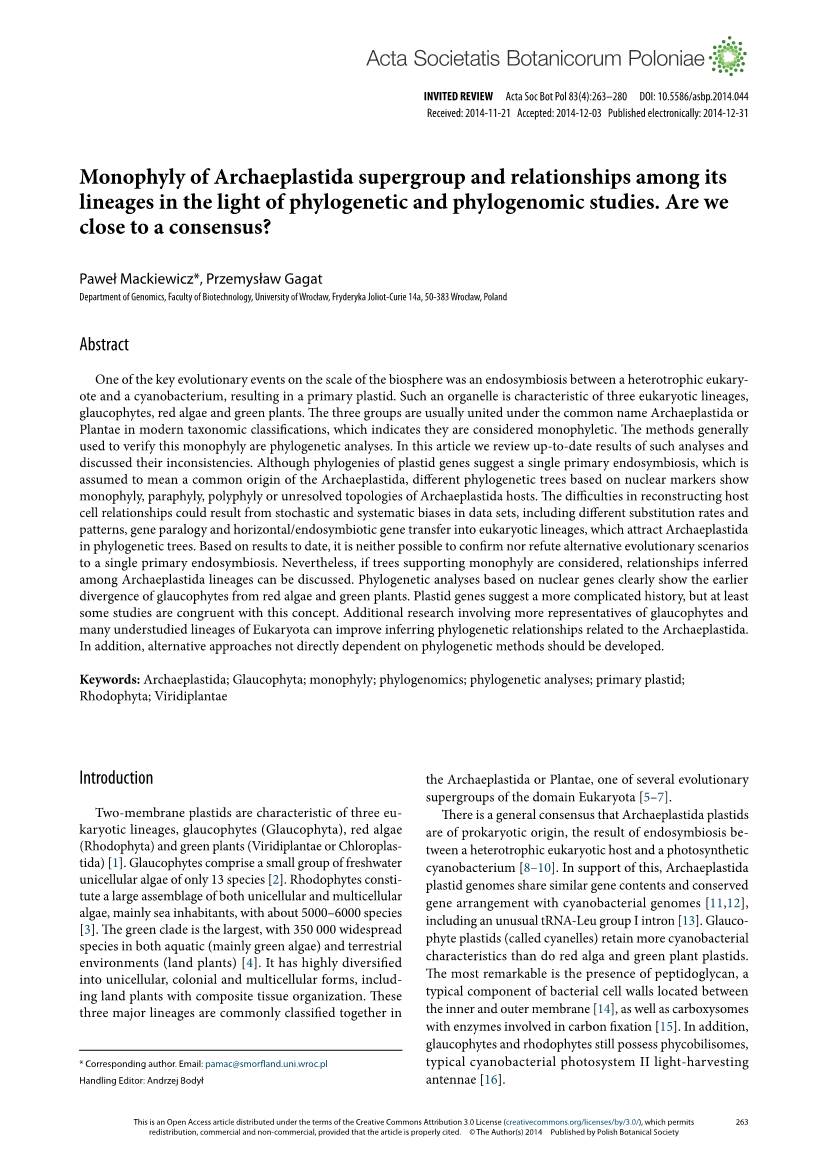 Monophyly of Archaeplastida Supergroup and Relationships Among Its Lineages in the Light of Phylogenetic and Phylogenomic Studies