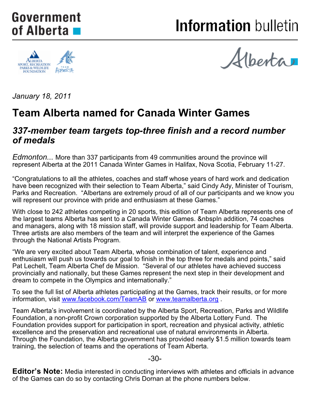 Team Alberta Named for Canada Winter Games 337-Member Team Targets Top-Three Finish and a Record Number of Medals