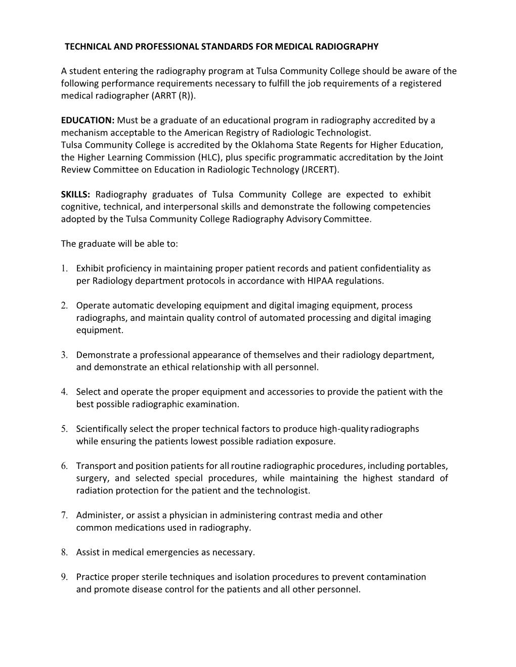 Technical and Professional Standards for Medical Radiography