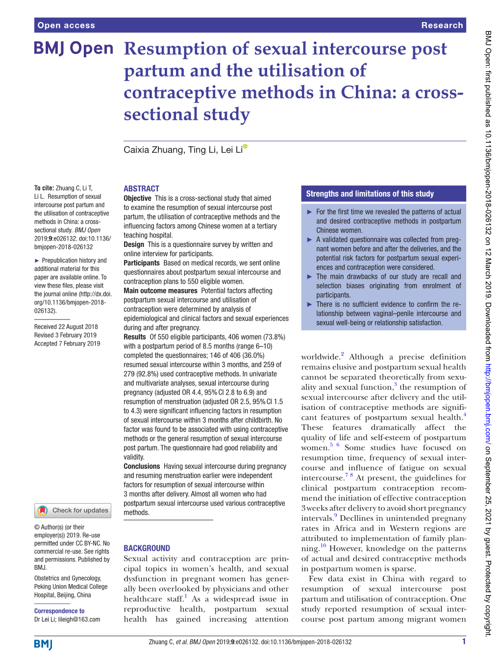Resumption of Sexual Intercourse Post Partum and the Utilisation of Contraceptive Methods in China: a Cross- Sectional Study