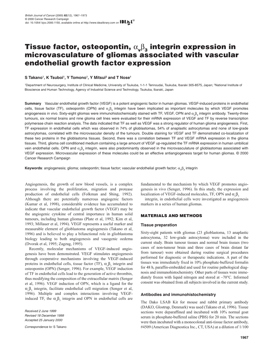 Tissue Factor, Osteopontin, a V B 3 Integrin Expression In