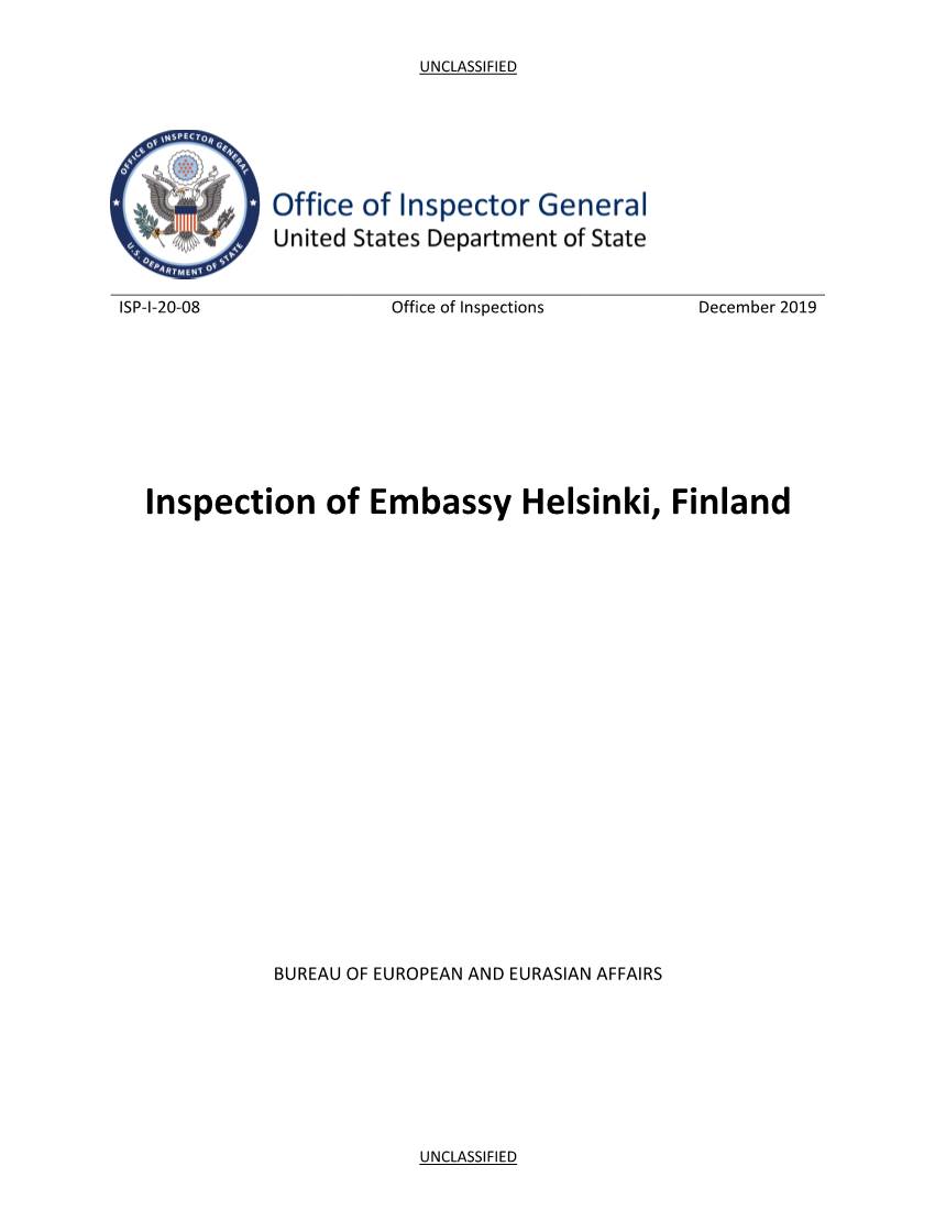 Inspection of Embassy Helsinki, Finland, ISP-I-20-08