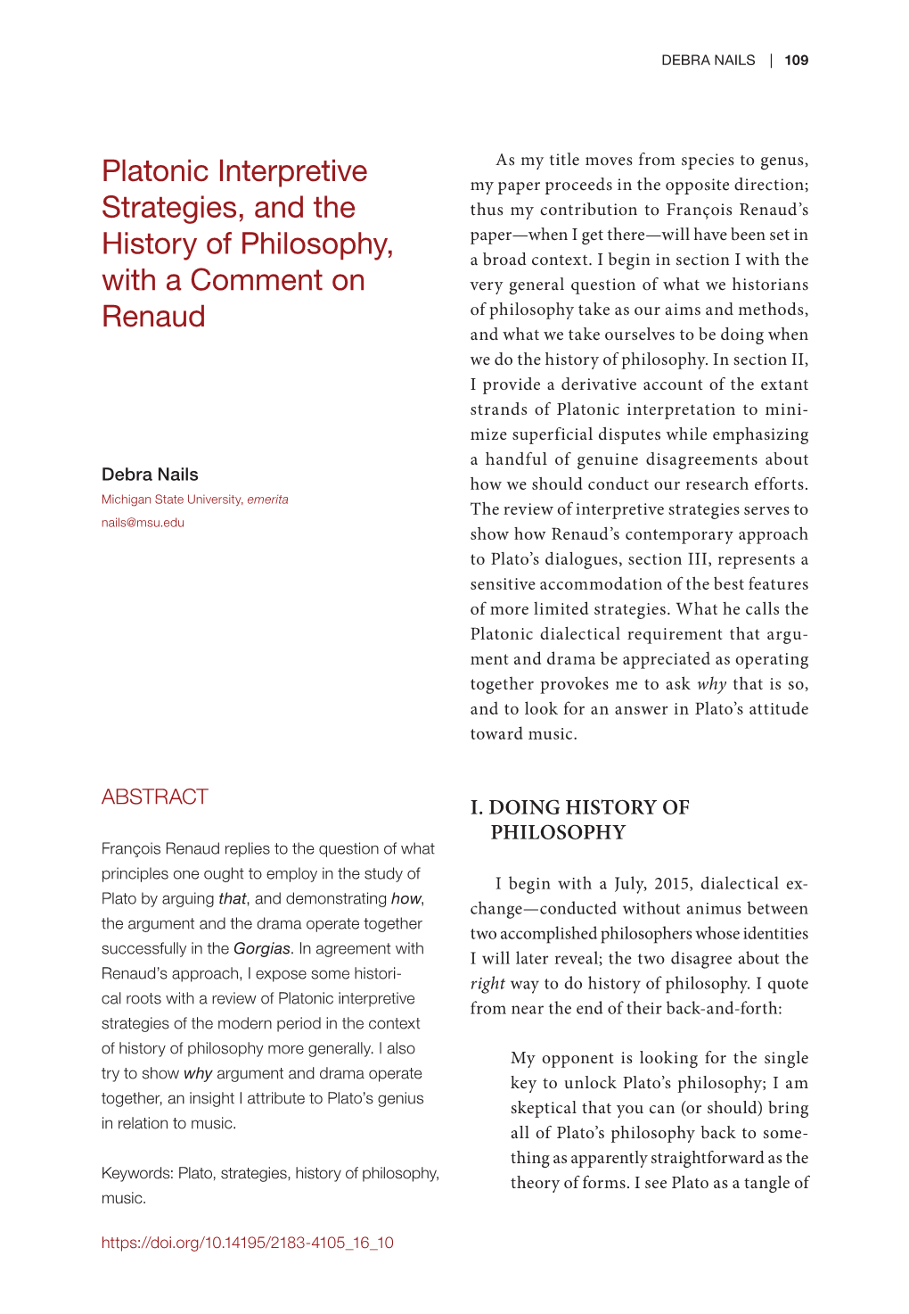 Platonic Interpretive Strategies, and the History of Philosophy, with a Comment on Renaud