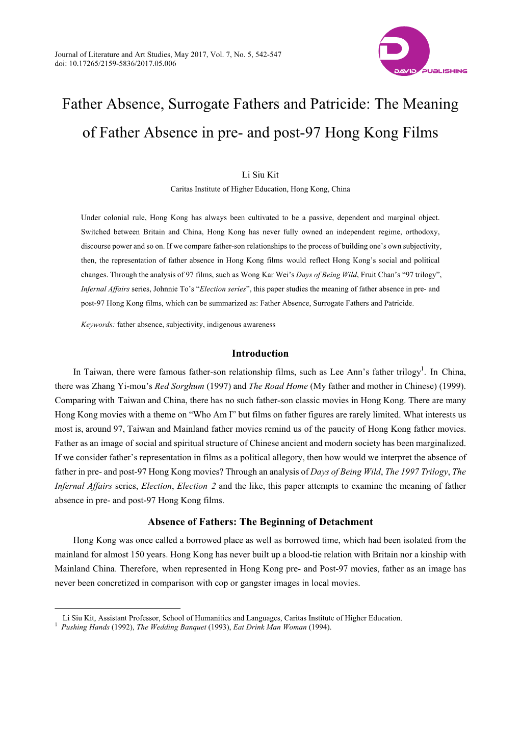 Father Absence, Surrogate Fathers and Patricide: the Meaning of Father Absence in Pre- and Post-97 Hong Kong Films