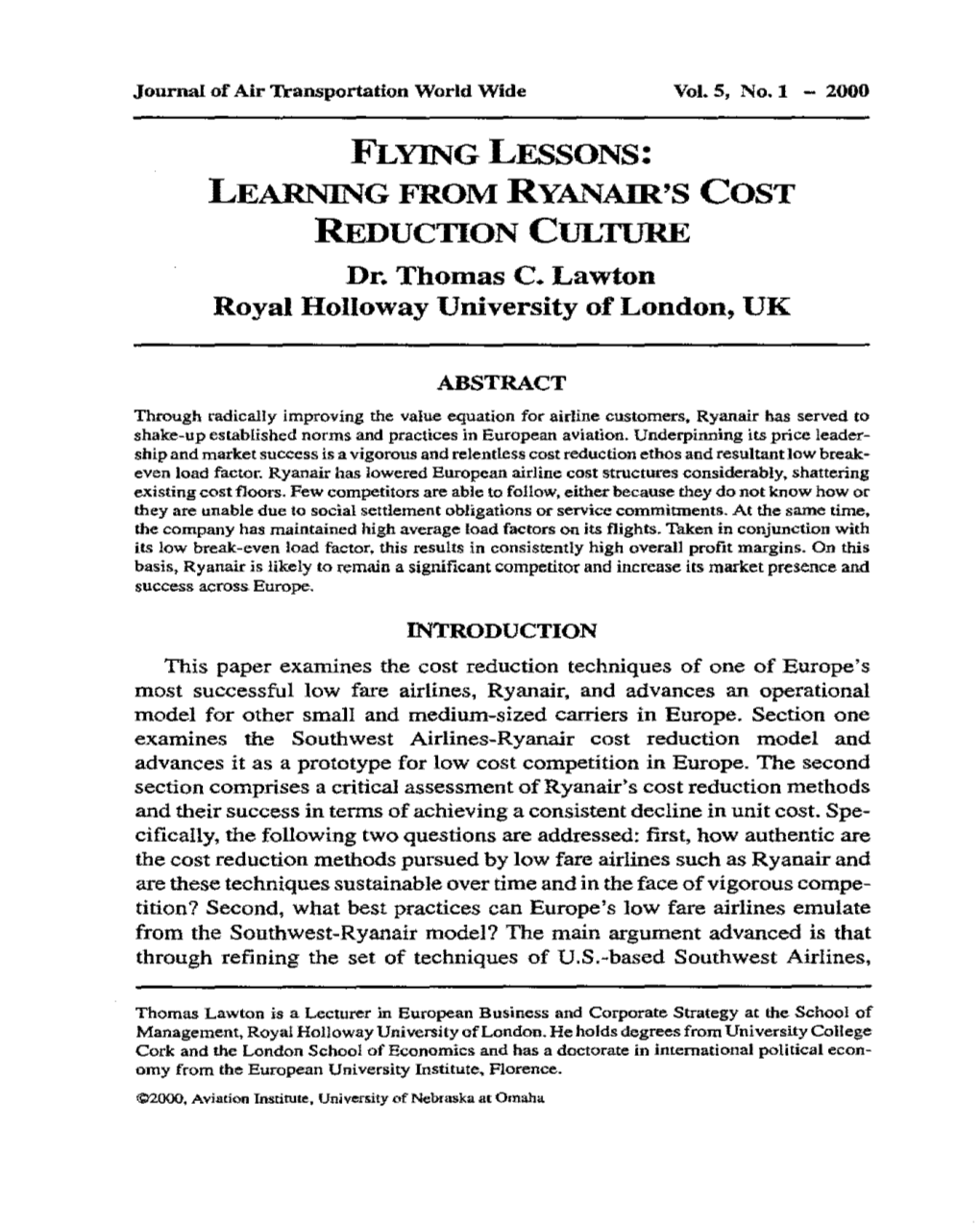 FLYING LESSONS! LEARNING from RYANAIR's COST REDUCTION CULTURE Dr