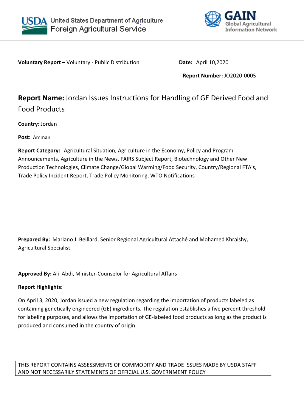 Jordan Issues Instructions for Handling of GE Derived Food and Food Products