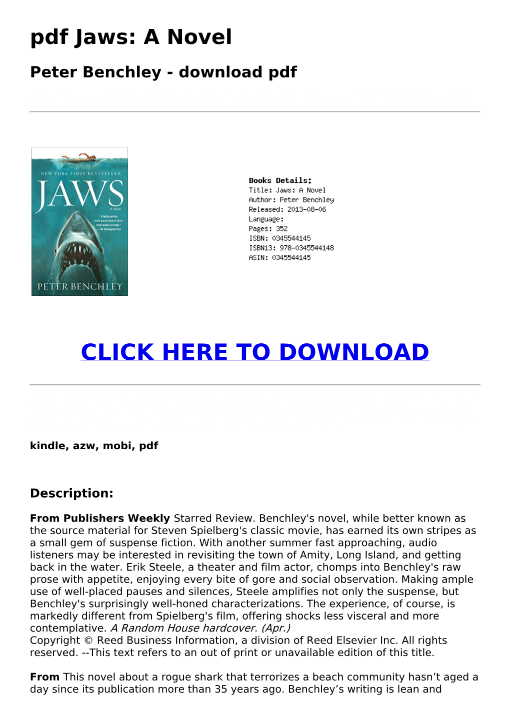 Pdf Jaws: a Novel Peter Benchley