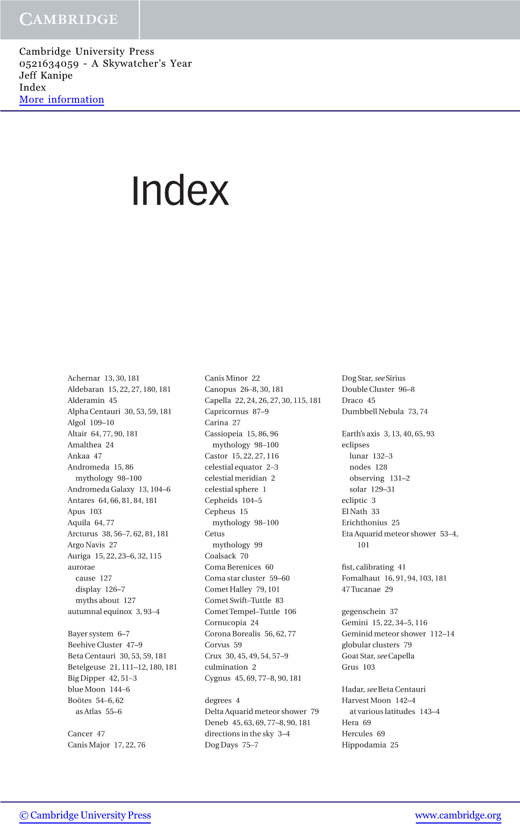 A Skywatcher's Year Jeff Kanipe Index