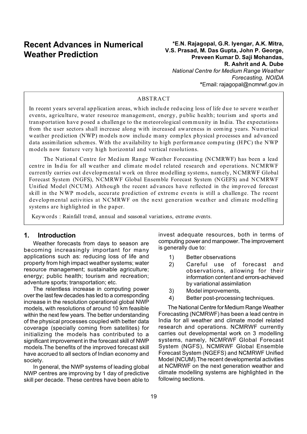 Recent Advances in Numerical Weather Prediction