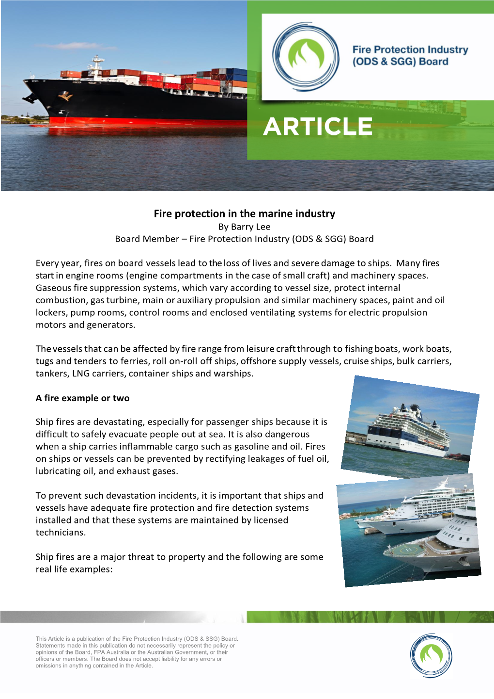 Fire Protection in the Marine Industry by Barry Lee Board Member – Fire Protection Industry (ODS & SGG) Board