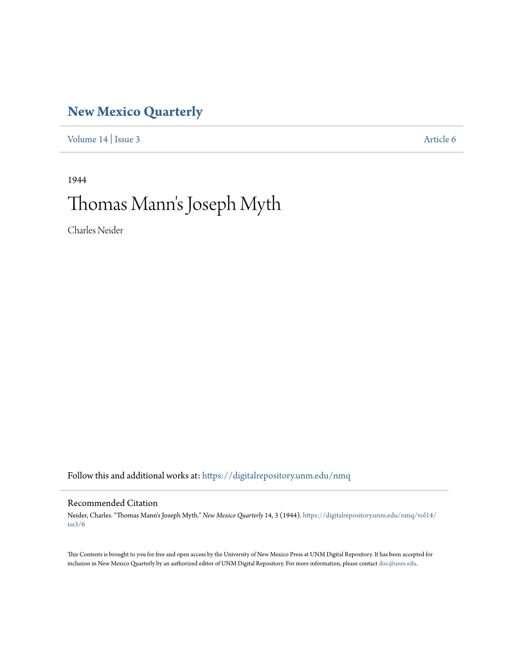Thomas Mann's Joseph Myth Charles Neider