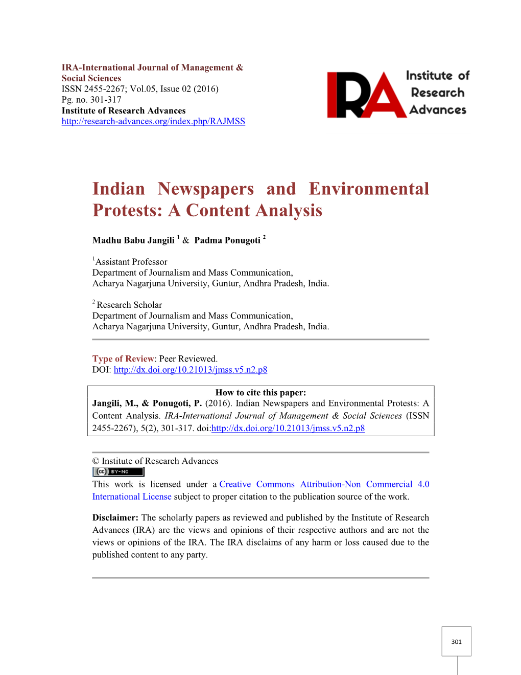 Indian Newspapers and Environmental Protests: a Content Analysis