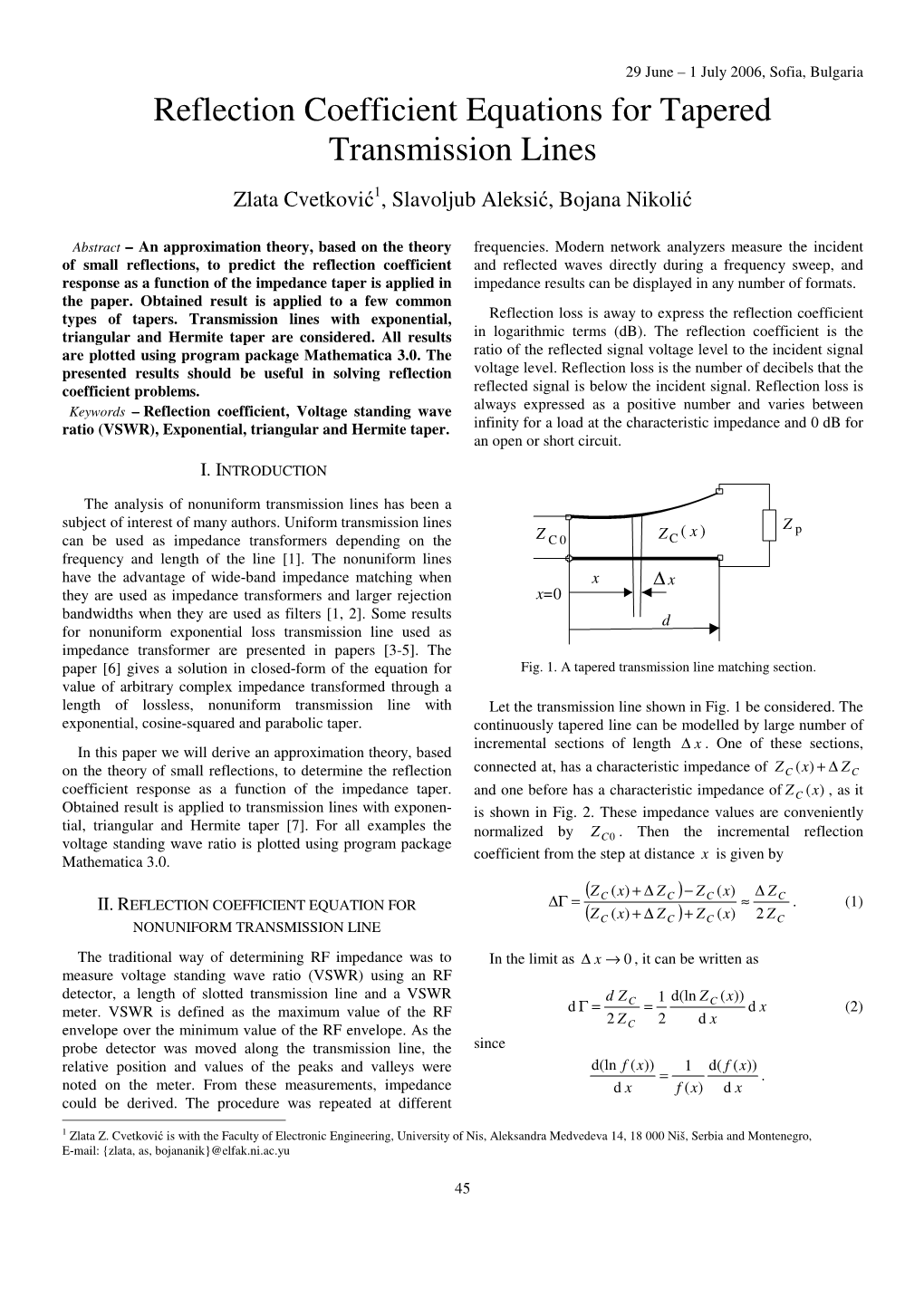 Reflection Coefficient Equations for Tapered Transmission Lines