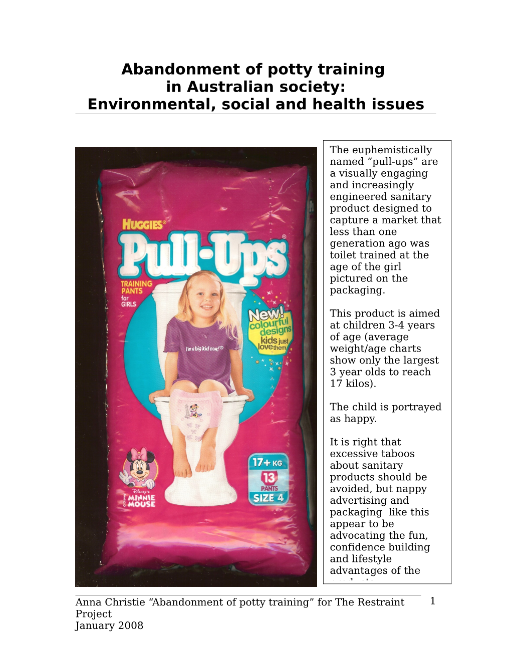 Abandonment of Potty Training in Australian Society: Environmental, Social and Health Issues