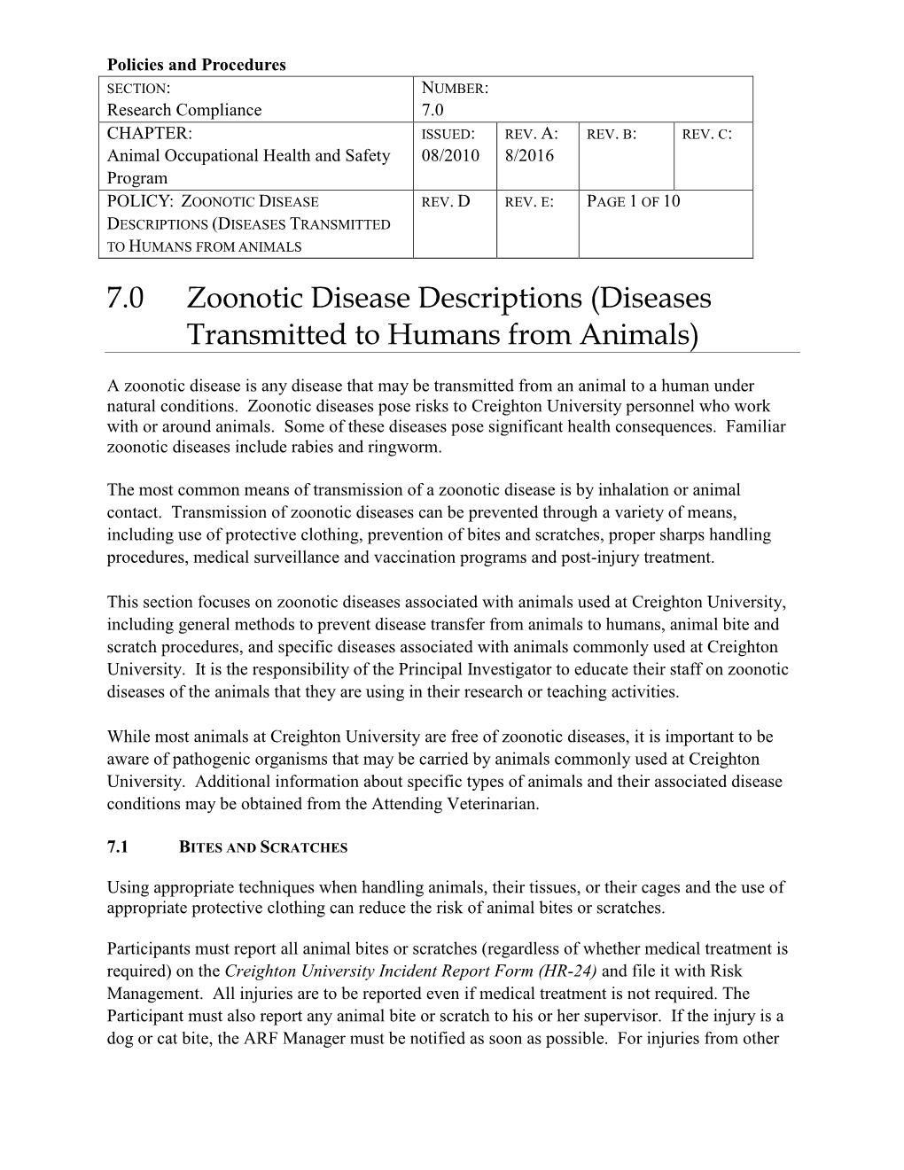7.0 Zoonotic Disease Descriptions (Diseases Transmitted to Humans from Animals)