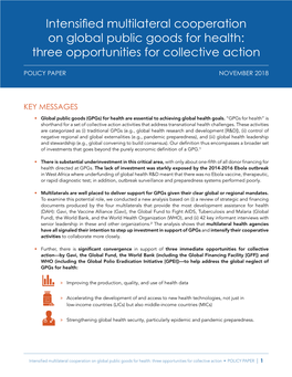 Intensified Multilateral Cooperation on Global Public Goods for Health: Three Opportunities for Collective Action
