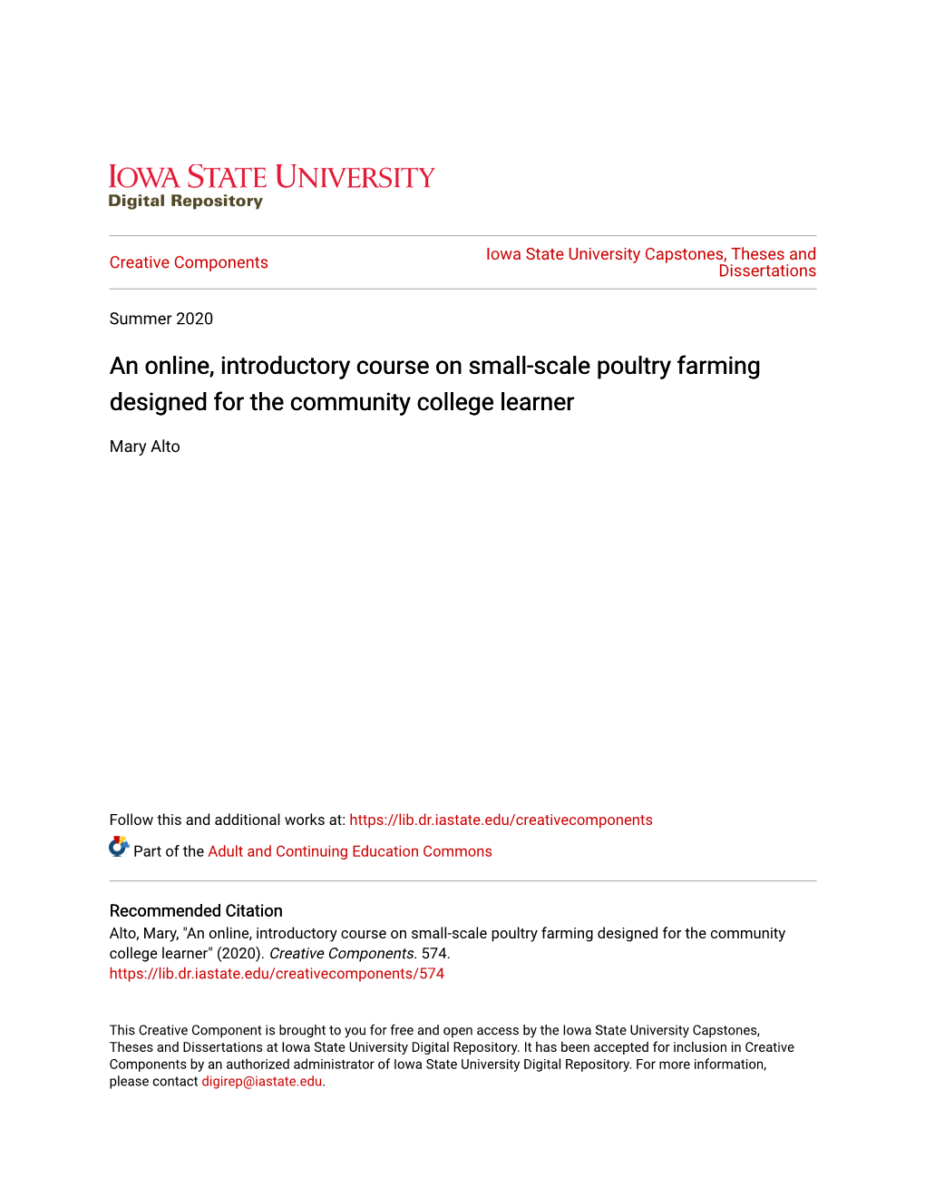 An Online, Introductory Course on Small-Scale Poultry Farming Designed for the Community College Learner