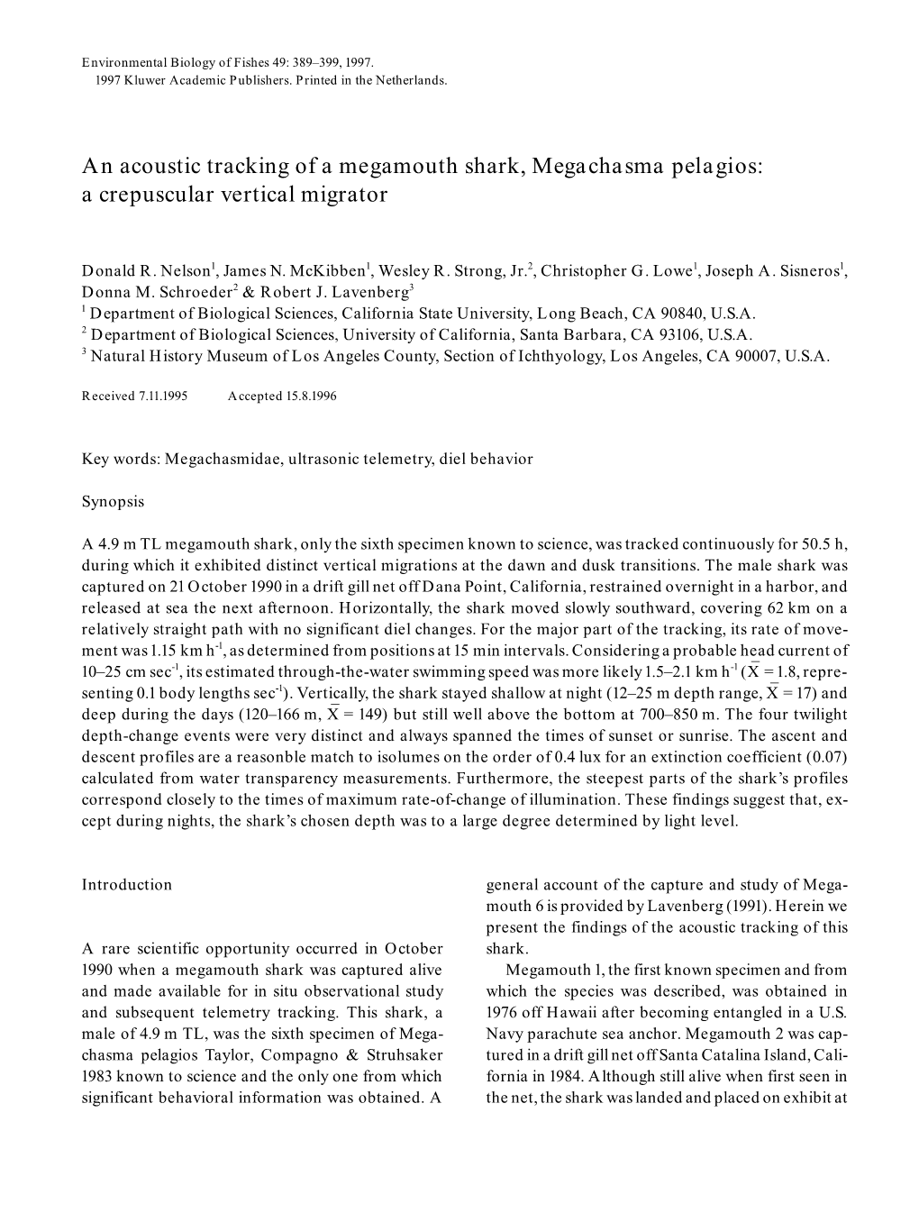 An Acoustic Tracking of a Megamouth Shark, Megachasma Pelagios: a Crepuscular Vertical Migrator