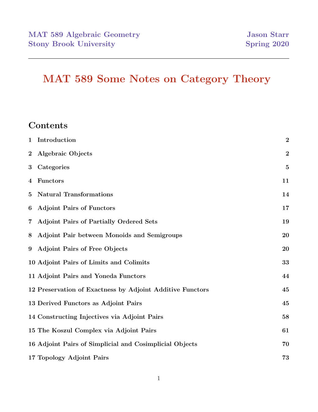 MAT 589 Some Notes on Category Theory