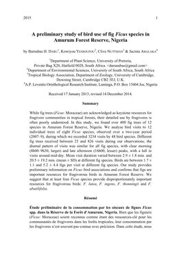 A Preliminary Study of Bird Use of Fig Ficus Species in Amurum Forest Reserve, Nigeria