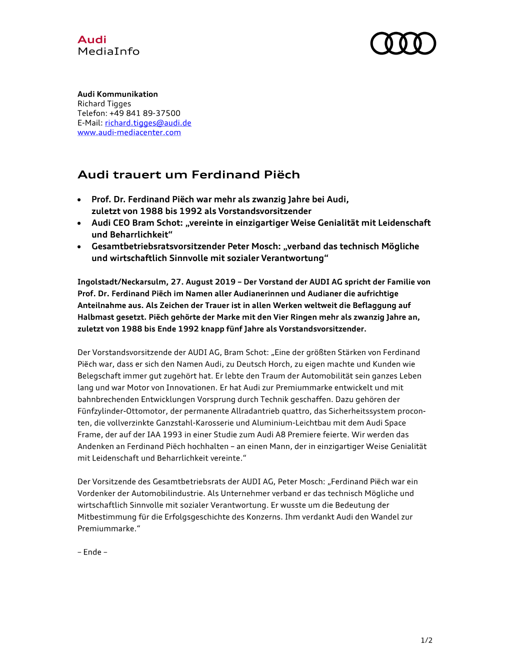Audi Trauert Um Ferdinand Piëch