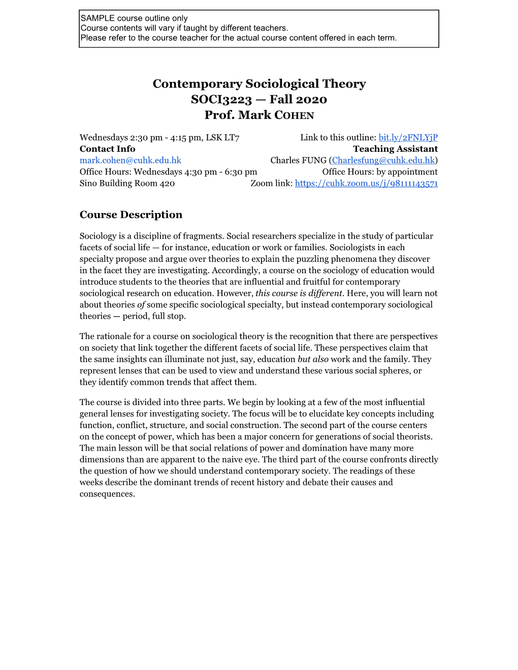 Contemporary Sociological Theory SOCI3223 — Fall 2020 Prof