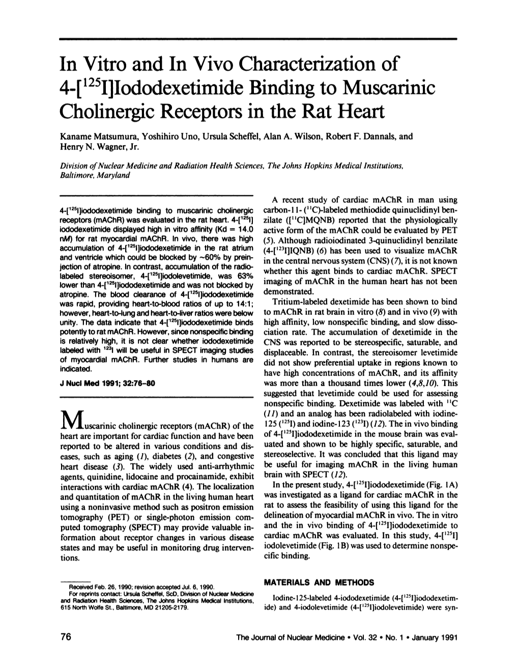 In Vitro and in Vivo Characterization of Cholinergic Receptors in the Rat Heart