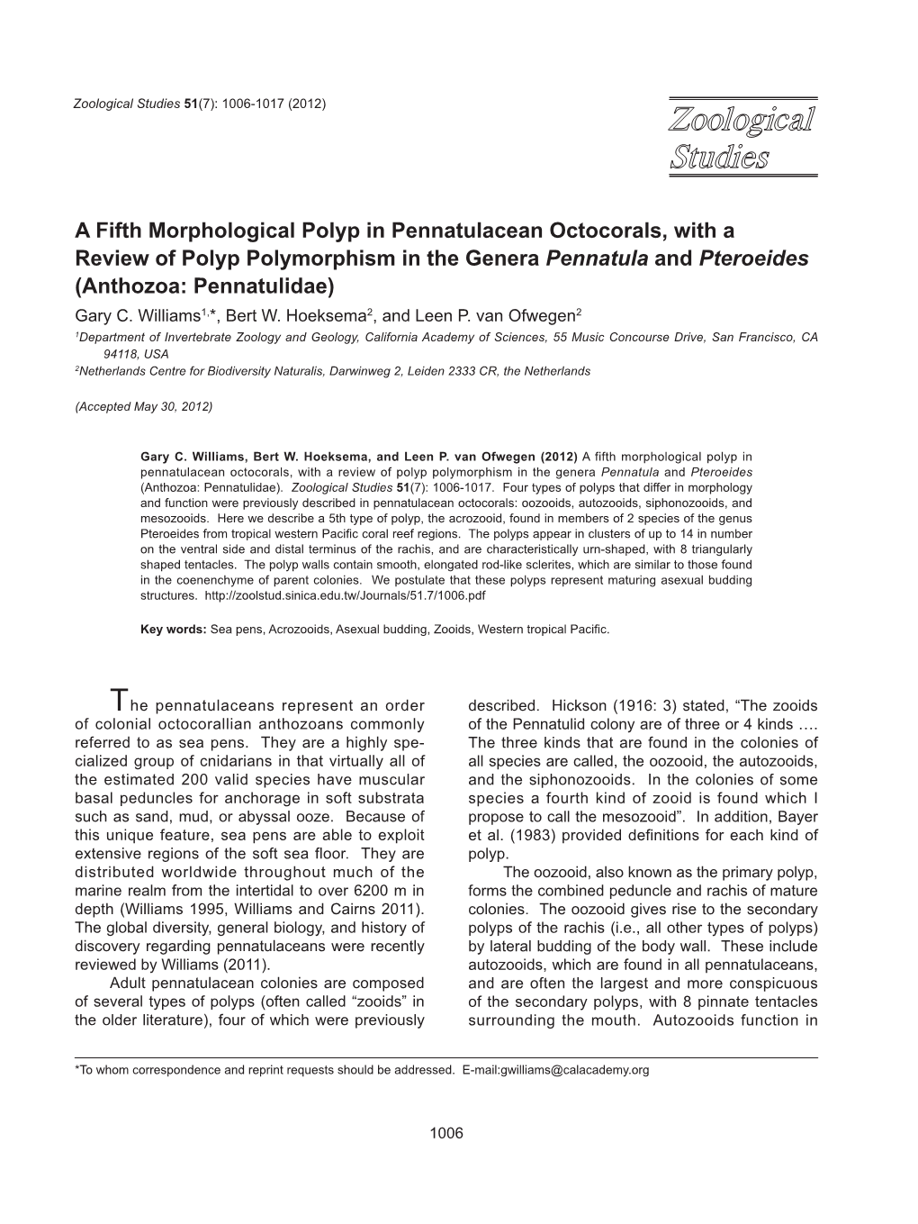 A Fifth Morphological Polyp in Pennatulacean Octocorals, with a Review of Polyp Polymorphism in the Genera Pennatula and Pteroeides (Anthozoa: Pennatulidae) Gary C