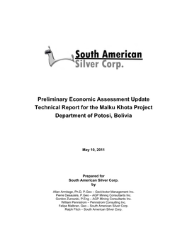 Preliminary Economic Assessment Update Technical Report for the Malku Khota Project Department of Potosi, Bolivia